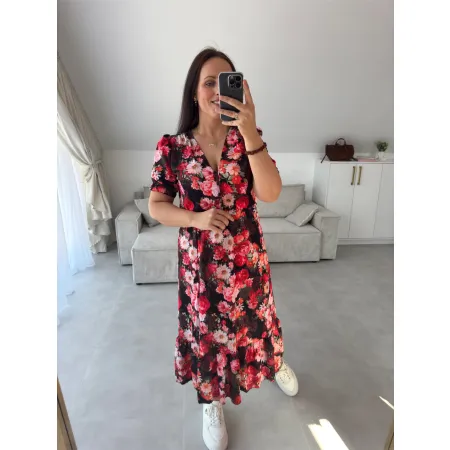 Sukienka Rosie krótki rękaw czarna czerwone kwiaty